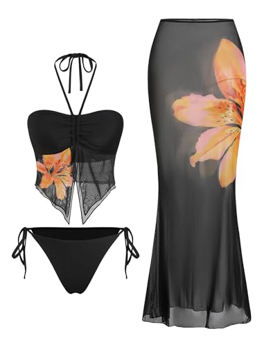 Image of ZAFUL Women 3 Piece Bikini with Cover Up Skirt Halter Bandeau Swimsuit Floral Tie Side Cheeky Bathing Suit
