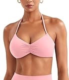YEOREO Halter Sports Bras for Women Adjustable Strappy Open Back Impact Removable Pads Deep V Bra Workout Gym Yoga Crop Top Baby Pink S