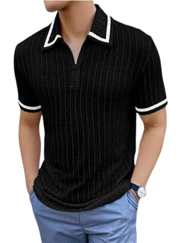 Image of GRECIILOOKS Polo T Shirt for Men | Textured Polo T Shirts for Men | Smart Casual Half Sleeve Mens T-Shirt, Breathable Cotton Knit Collar T Shirts