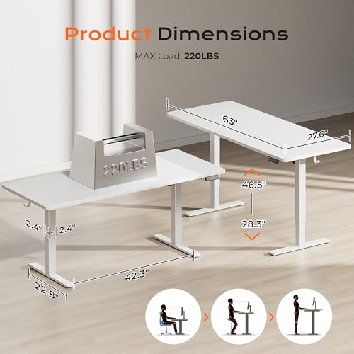 Image of Huuger 63 x 28 Large Electric Standing Desk, Height Adjustable Computer Desk, 27.6 inch Deep Desktop, Stand up Gaming Office Table with 2 Hooks, 3 Preset Heights, for Home Office, White