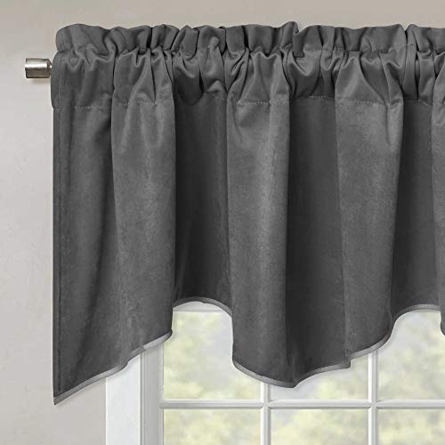 StangH Grey Scalloped Valance for Windows, Luxury Velvet Kitchen Curtains for Small Window, Wavy Hem Window Treatment for Bathroom/Basement, 52x18 Inch, 1 Panel - Thumbnail 7