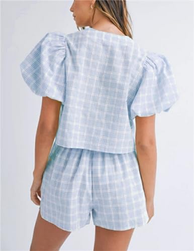 Image of Yuemengxuan Women Y2k Two Piece Plaid Lounge Sets Puff Sleeve Tie front Blouse Top High Waist Shorts Casual Pajamas Sets