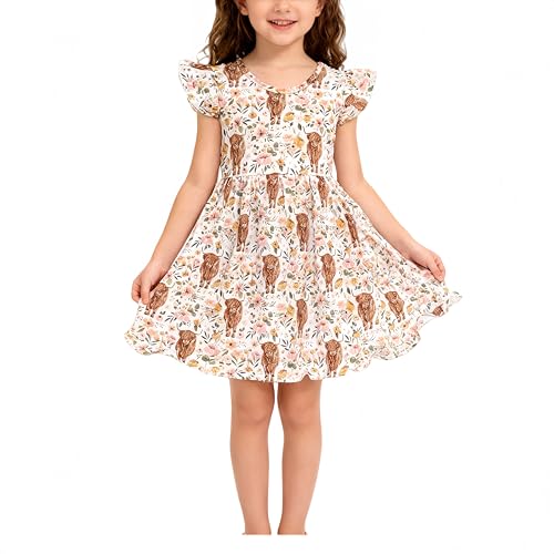 Image of nebljgo Infant Baby Girls Highland Cow Flutter Sleeve Pearl Cow Children Girl Spring Summer Kids Dress