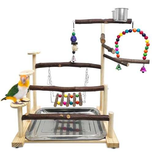 kathson Wood Bird Playground Parrot Play Stand with Feeder Cups Parakeet Perch Stand with Ladder Hanging Swing Chewing Toys Conure Cage Accessories for Parakeet Conure Lovebird Cockatiel