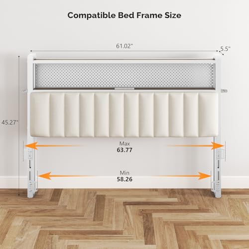 Image of VINGLI Queen Size Headboard for Bed,Upholstered Headboards with Storage, Charging Stations and LED Lights, 2 Tier Shelves and Pegboard, Modern Bed Head Board, Adjustable Height, White