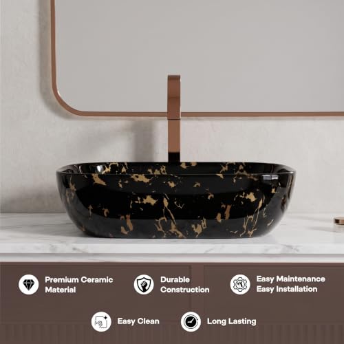 Image of Wash Basin Countertop | Tabletop Ceramic Bathroom Sink | Over Counter | Wash Basin For Bathroom (Black-Gold Matte Wash Basin,18 x 13 x 5.5 Inch)