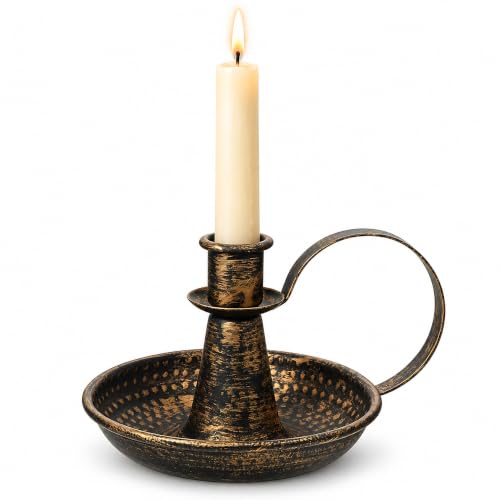 Healifty Retro Iron Taper Candle Holder with Handle, Candlestick Stand | Bronze Metal Candlestick Tray Base for Farmhouse Tables, Mantel Decor Weddings Holidays Christmas Halloween Candlelit Dinners