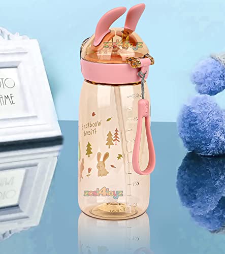 Image of Zest 4 Toyz Bunny Ear Water Bottle for Kids Leak-Proof Sipper Bottle with Flip Straw BPA-Free Portable School Bottle with Strap for Boys & Girls- Brown (550ML)