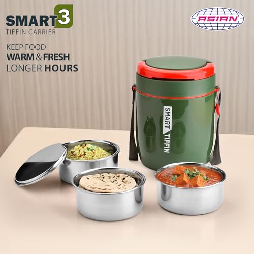 Image of Asian Plastowares - Tiffin Carrier 3 | Insulated Lunch Box | Compact | 3 Containers | Lunch Box for Adult | Leak-Proof | Ideal for Office or School | Dark Green
