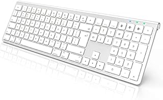 Multi-Device Bluetooth Keyboard, Ultra Thin Wireless Rechargeable Keyboard with Numeric Keypad, QWERTY UK Layout, Full Size Bluetooth Keyboard Compatible with Mac, IPad, iPhone, OS/iOS (Silver)