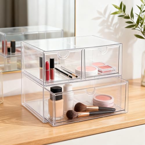 Image of Prsildan Acrylic Drawer Makeup Organizer with 3 Drawers, Clear Stackable Storage for Baby Bottles, Craft, Jewelry & Hair Accessories, Multi-Use for Vanity, Countertop, Office Desk Organization