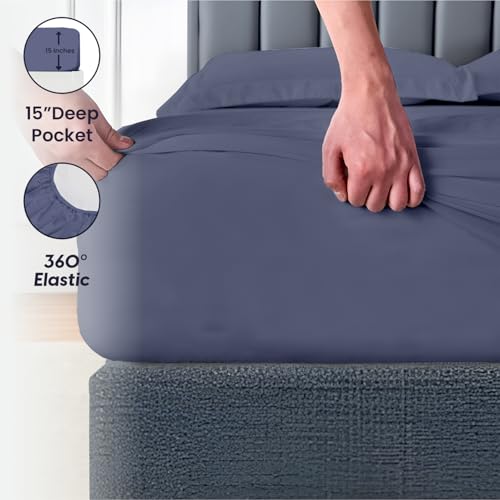 Image of SGI 84 inchx84 inch 4 Pc Wyoming King Sheet Set 600 TC 15 inch Deep, Mediterranean Blue