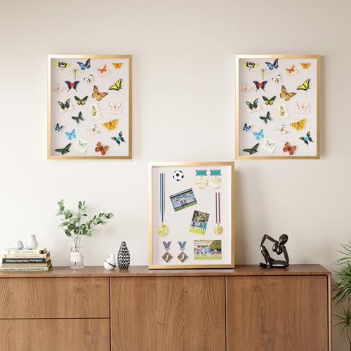 Image of Muzilife 16x20 Large Shadow Box Wood Picture Frame, Tempered Glass, Gold | FSC-Certified MDF | Soft Acid-free Linen Board | Removable Inner Frame | Wall-Mount Display Cases | For Photos and Keepsakes