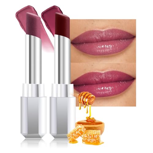 Image of evpct 2Pcs Mauve Plum Cherry Honey Lipstick Tinted Lip Balm, Wine Burgundy Moisturizing Tinted Lip Oil Stick Lipstick for Older Women Lightweight Hydrating Shine Tinted Lip Balm Color Gloss Tint Stain
