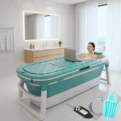 Image of Large bathtub for adults 6 Feet Foldable bath tub for bathroom with Temperature Meter and bath pillow 148Lx62Wx50H CM Hot and ice bath tub spa for home Portable Free standing adult bathtubs