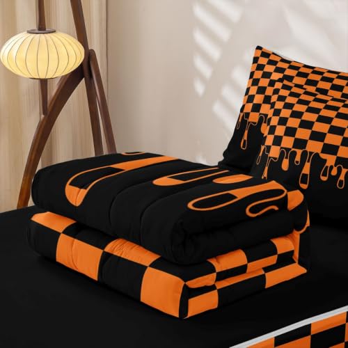 Image of Orange and Black Checkered Zipper Bedding Set Twin Zip Up Bedding Checkerboard Drip Gingham Plaid Comforter Set with Sheets for Child Girls Boys,Modern Geometric Grid Bed in a Bag Halloween Bed Sets