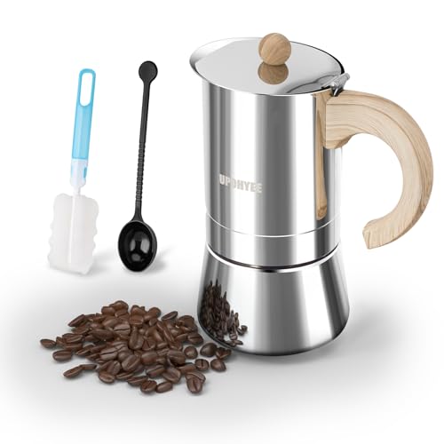 UPOHYEE Cafetiere Italienne 300 ml 6 Tasses Camino de grano de madera Grande Contenance Cafetiere Italienne Induction Compatible avec Plaque à Induction Moka Pot Comprenant Cuillère et Pinceau