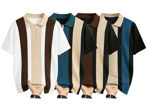 Image of AUSK Men's Textured Vertical Striped Knit Polo T-Shirt | Half Sleeve Zipper Neck Self-Design Casual Tee | Mens Tshirts