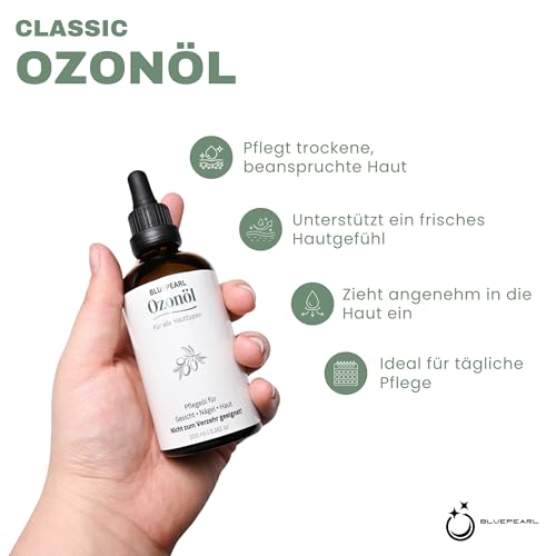 Bluepearl Ozonöl 100ml – 48h ozonisiertes Olivenöl für Gesicht, Haut & Nägel | Ohne Parfüm | Made in Austria | Pflegeöl für trockene & sensible Haut | 100ml