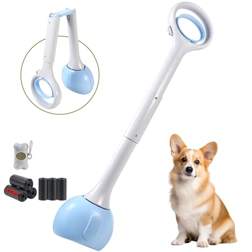 Image of Dog Pooper Scooper Portable with Bag Attachment, One Handed Foldable Design, Includes 120 Waste Bags and Dispenser, 28 Inch Handle for Grass Yard Gravel Cleanup (Blue)
