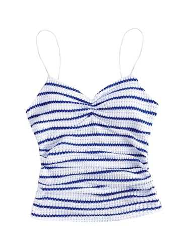 MakeMeChic Women's Striped Cami Top Ruched Spaghetti Strap V Neck Crop Tank Top