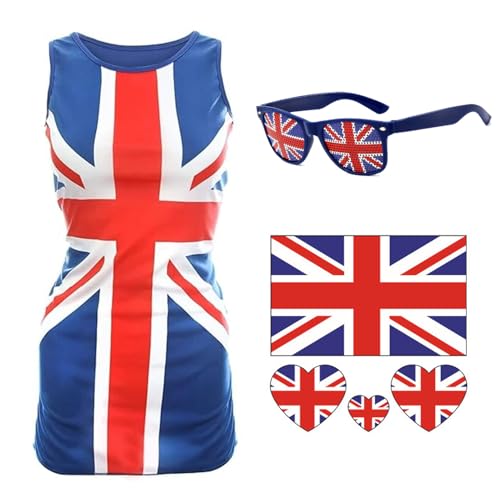 Forfamy Union Jack Dress White and Blue Dress Ladies for Kings Coronation 90s Music Icons Brit Pop VE Day (XXL)