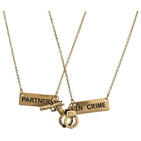 LUX ACCESSORIES Partners in Crime Handcuff Hand Cuff Gun BFF Best Friends Forever Matching Necklace Set Cover