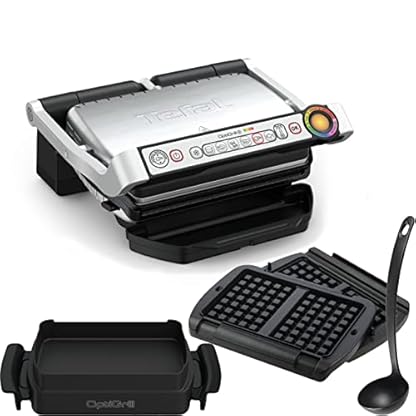 Tefal OptiGrill+ elektrischer Kontaktgrill + XA7238 Waffelplatten, Schöpkelle XA7258 Snacking & Baking Backschale, 6…