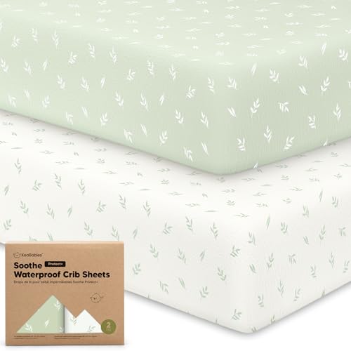 Image of 2-Pack Waterproof Crib Sheets for Boys, Girls, 52x28 Fitted (Herb) | Organic Cotton Baby Crib Sheets, Toddler Mattress Protector Cover, Washable, Soft & Durable Baby Bedding Essentials