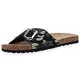  VAN HILL Herren Pantoletten Sandalen Flache Kork-Optik Schuhe Profilsohle Sommer-Sandalen Hausschuhe Bequeme Sommer Schlupf-Schuhe 196211 Schwarz Olivgrün Dunkelblau Camouflage 43