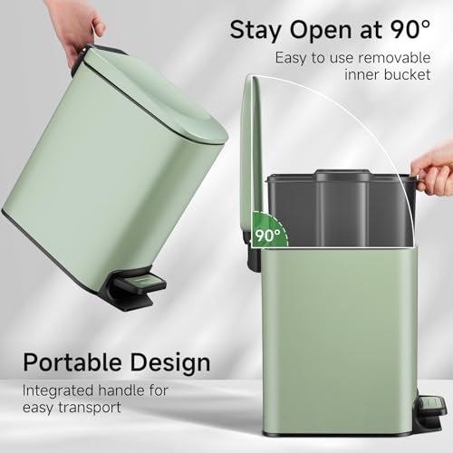 Image of TIPGO Small Bathroom Trash Can with Lid, 1.6 Gal, Soft Close, Green | Foot Pedal, Soft Quiet Lid, 5.9'' Slim for Narrow Space, Stainless Steel, Anti-fingerprint, Removable Inner Bucket, Odor Seal