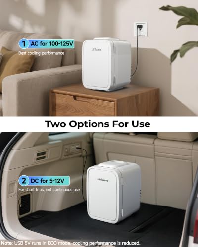 Image of BEICHEN Mini Fridge, 4 Liter /6 Can Portable Refrigerator for Bedroom Office Dorm Car- Fast Cooling, Low Noise, 100-125V AC /5-12V USB Small Compact Refrigerator for Skincare, Food, Drinks(White)