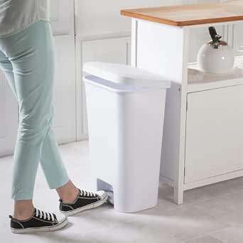 11.9 Gallon Step-On Trash Can – Plastic Kitchen White Garbage Waste Bin, Hands-Free, Compact, Pedal Operated