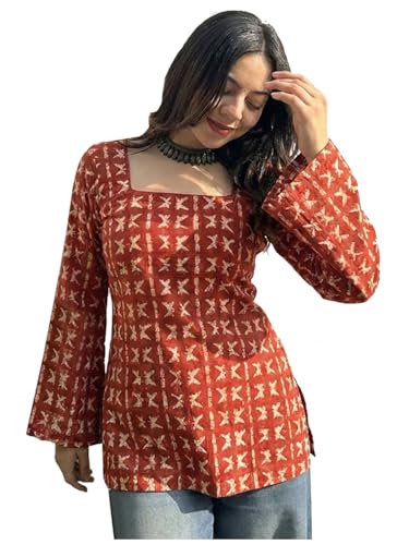 Image of ANNI Designer Women's Viscose Blend Printed Short Kurti | Straight Fit Casual Ethnic Top | Square Neck 3 /4 Sleeve Kurta Office College