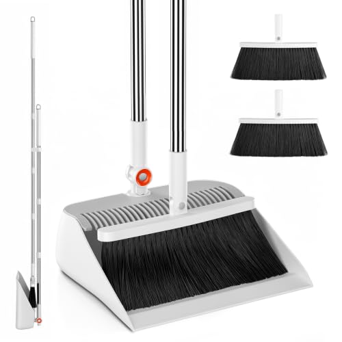 Image of Broom with Dustpan Combo Set, 53 inch Long Handle, Includes 2 Broom Heads | Collapsible Broom and Dustpan Set, 180 Swivel Broom Head, 360 Lockable Dustpan, Built-in Hair Comb