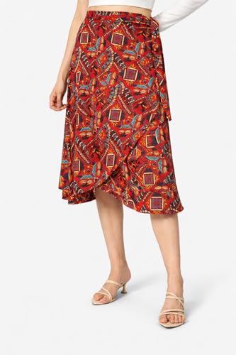 Image of Women's Floral & Animal Print Wrap Skirt - Midi Length A-Line Summer Skirt with Side Tie-Up, Tropical Cheetah Tiger Casual Beach Wear