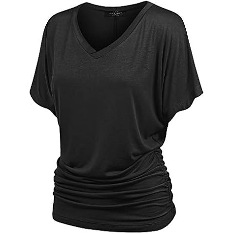 Made By Johnny MBJ WT1037 V Neck Short Sleeve Dolman Top with Side Shirring L Black Cover