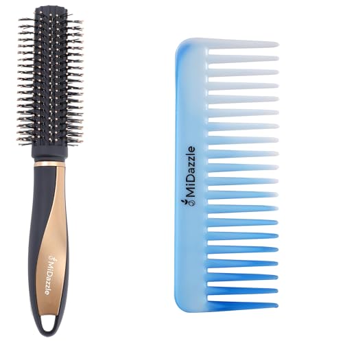 Image of Midazzle Premium Round Hair Brush with Elegant Comb, Set of 2, Black