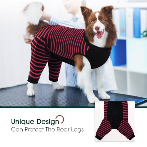 Image of Kuoser Dog Recovery Suit with Anti Licking Rear Leg Sleeve, Red M | Abdominal Dog Surgical Suit with Pants Cover Protect Wounds, Dogs Elbow Protector Soft Pet Surgery Onesie Cone Alternative