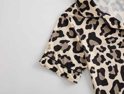 Girls Button Down Pajama Sets Short Sleeve Long Pants 2pcs Sleepwear Cute Patterns Outfits with Pockets Nighty4