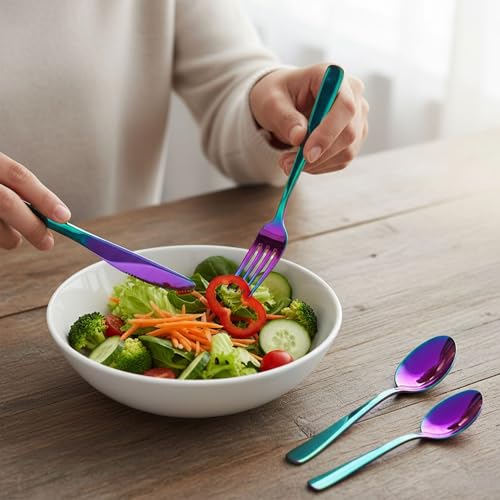 Image of 16 Pcs Rainbow Mirror Polish Stainless Steel Cutlery Set for Dining Table with Spoons and Forks Set + Butterknives - The Perfect Tableware /Flatware