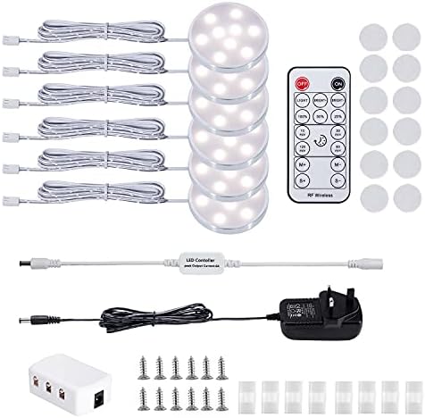 LABOREDUCER Under Cabinet Lighting - Dimmable Cupboard Lights with Remote Control & 6 Cabinet Puck Lights Display Kitchen LightingClosetCounterBookshelfWardrobe(4000K Netural White)