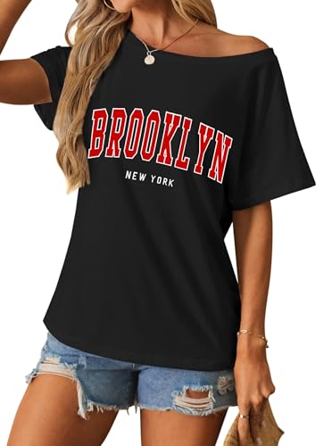 Image of Hilinker Womens Sexy Off The Shoulder Tops Short Batwing Sleeve T Shirt Oversized Casual Tee