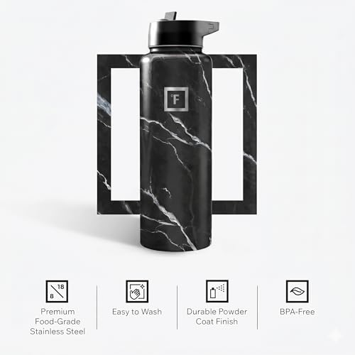 Image of IRON FLASK 40 oz Wide Mouth Water Bottle with Straw | Insulated Stainless Steel Sports Water Bottle with Leakproof Straw Lid - BPA Free, Cold 24 Hrs, Sweat Free (Black Marquina)