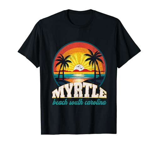 Myrtle Beach Caroline du Sud Rétro Coucher de soleil Été Palmier T-Shirt