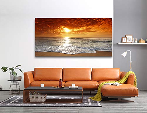 Muolunna S04675 Canvas Prints Wall Art Sunset Ocean Beach Pictures Photo Paintings For Living Room Bedroom Home Decorations Stretched And Framed Ready To Hang Seascape Waves Artwork 30X60Inch #TOP5