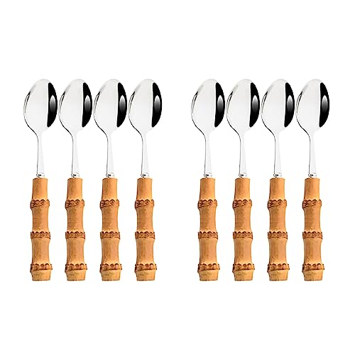 Snplowum 8pcs Silver Teaspoon, Stirring Spoon Bamboo Handle Ice Cream Spoon, Coffee Tea Spoon Set, Food Grade 18/10 Stainless Steel Tablespoons, 6.3-inch
