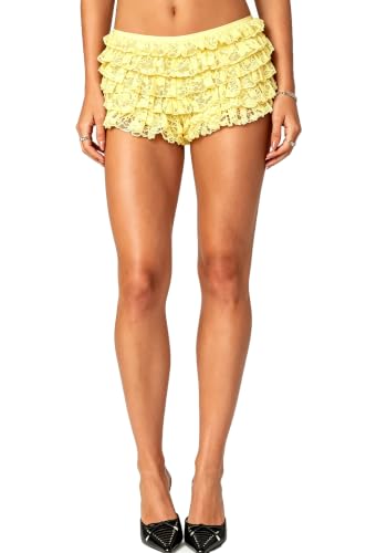 Image of Yiulangde Women Lace Bloomers Layered Ruffle Mini Shorts Y2k Pettipants | Shorts Women,Lolita Ruffled Bloomer Shorts for Under Skirts,Fluffy Booty Shorts,Rave Boy Short Panties,Going out Bottoms