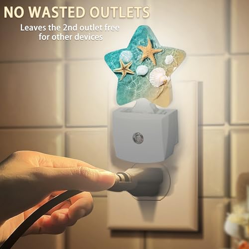 Image of Starfish Shell Beach Night Light Plug-in Dusk to Dawn Smart Sensor White Led Nightlight for Bedroom Bathroom Kitchen Hallway Stairs Energy Efficient Decor Desk Lamp