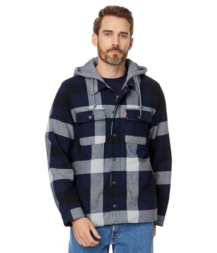 Image of Levi's mens Plaid Sherpa Lined Hooded Shirt Jacket (Regular & Big & Tall Sizes)